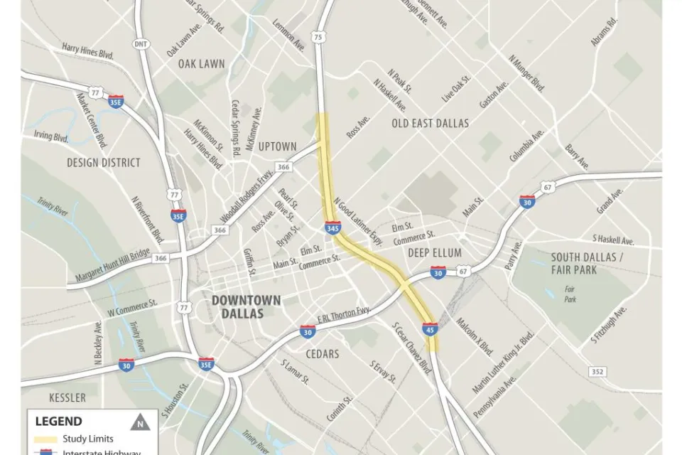 A map of the Keep It Moving Dallas feasibility study area along the I-345 Freeway in Dallas.